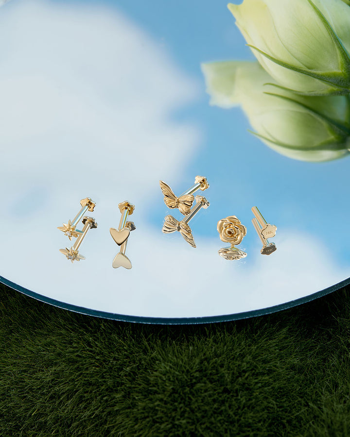 14K Solid Gold Butterfly Charm Flatback Earring