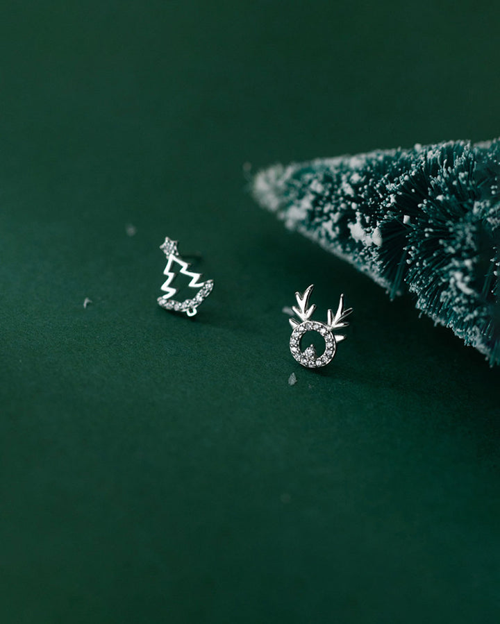 Diamante Xmas Tree and Reindeer Stud Earrings
