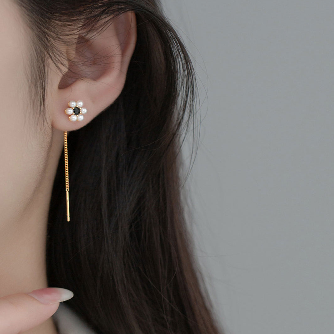Pearl Flower Threader Earrings