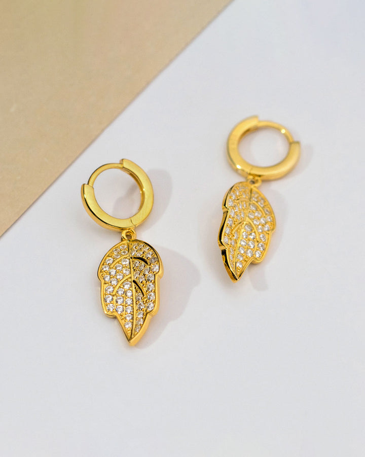 Sparkling Pave Floral Leaf Huggie Earrings