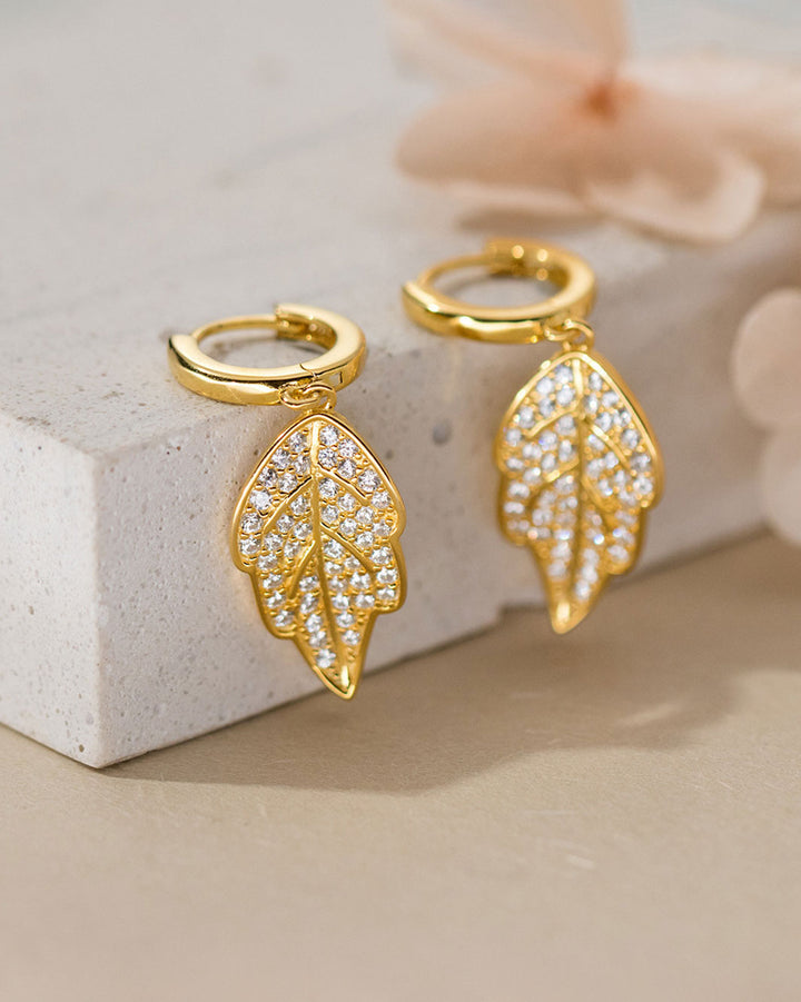 Sparkling Pave Floral Leaf Huggie Earrings