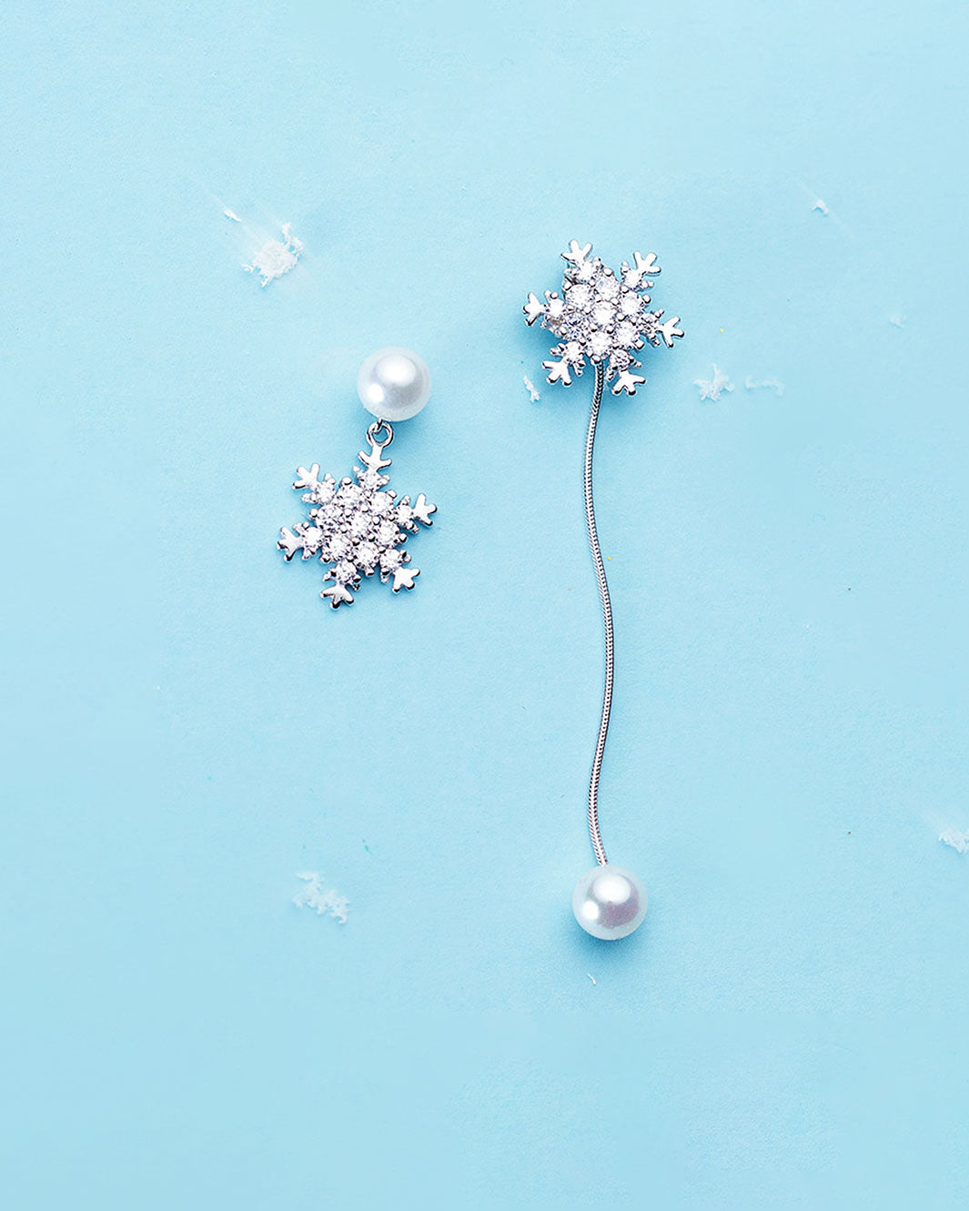 Diamante Snowflake Mismatch Pearl Drop Earrings