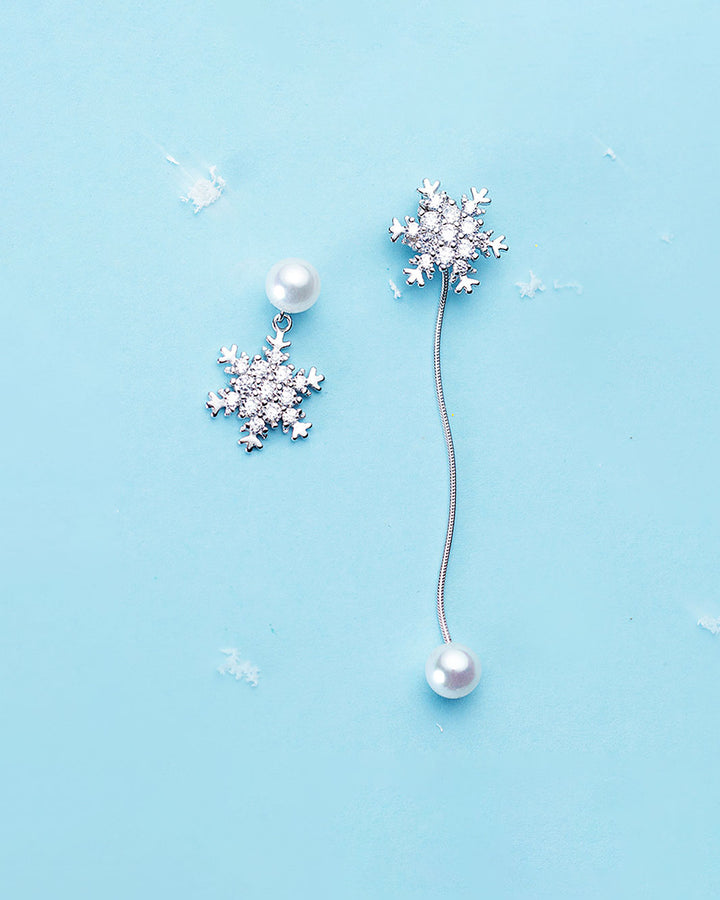Diamante Snowflake Mismatch Pearl Drop Earrings
