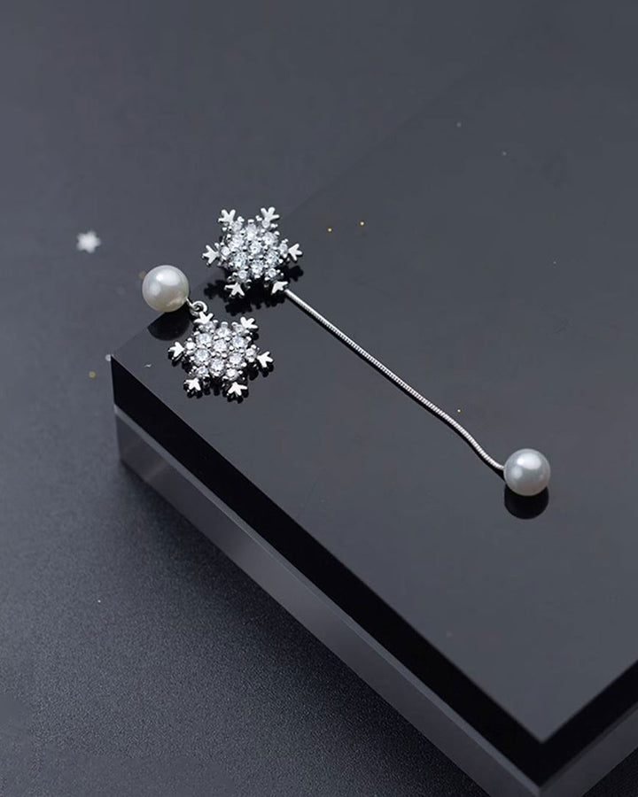 Diamante Snowflake Mismatch Pearl Drop Earrings