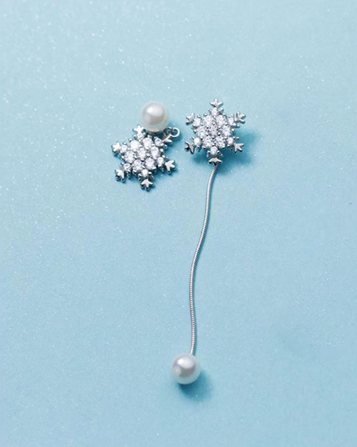 Diamante Snowflake Mismatch Pearl Drop Earrings
