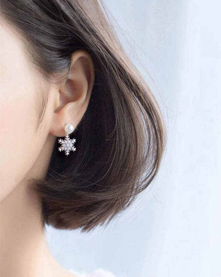 Diamante Snowflake Mismatch Pearl Drop Earrings