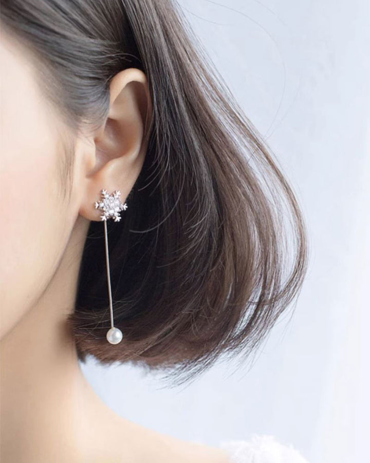Diamante Snowflake Mismatch Pearl Drop Earrings