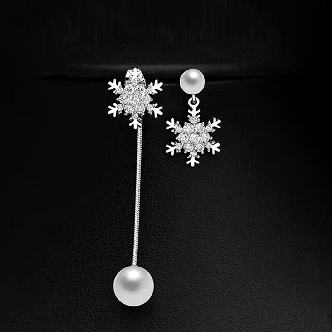 Diamante Snowflake Mismatch Pearl Drop Earrings
