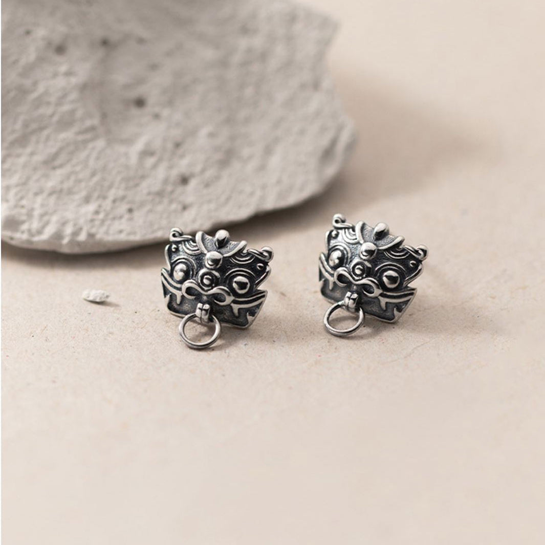 Thai Silver Dancing Lion Stud Earrings