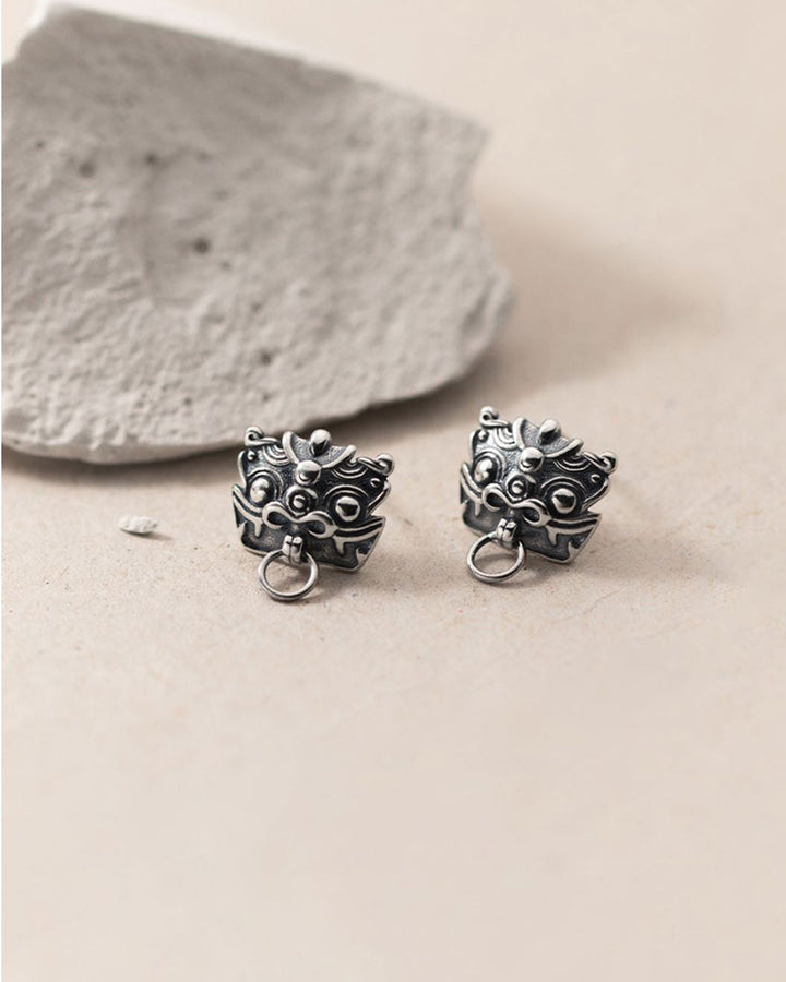 Thai Silver Dancing Lion Stud Earrings