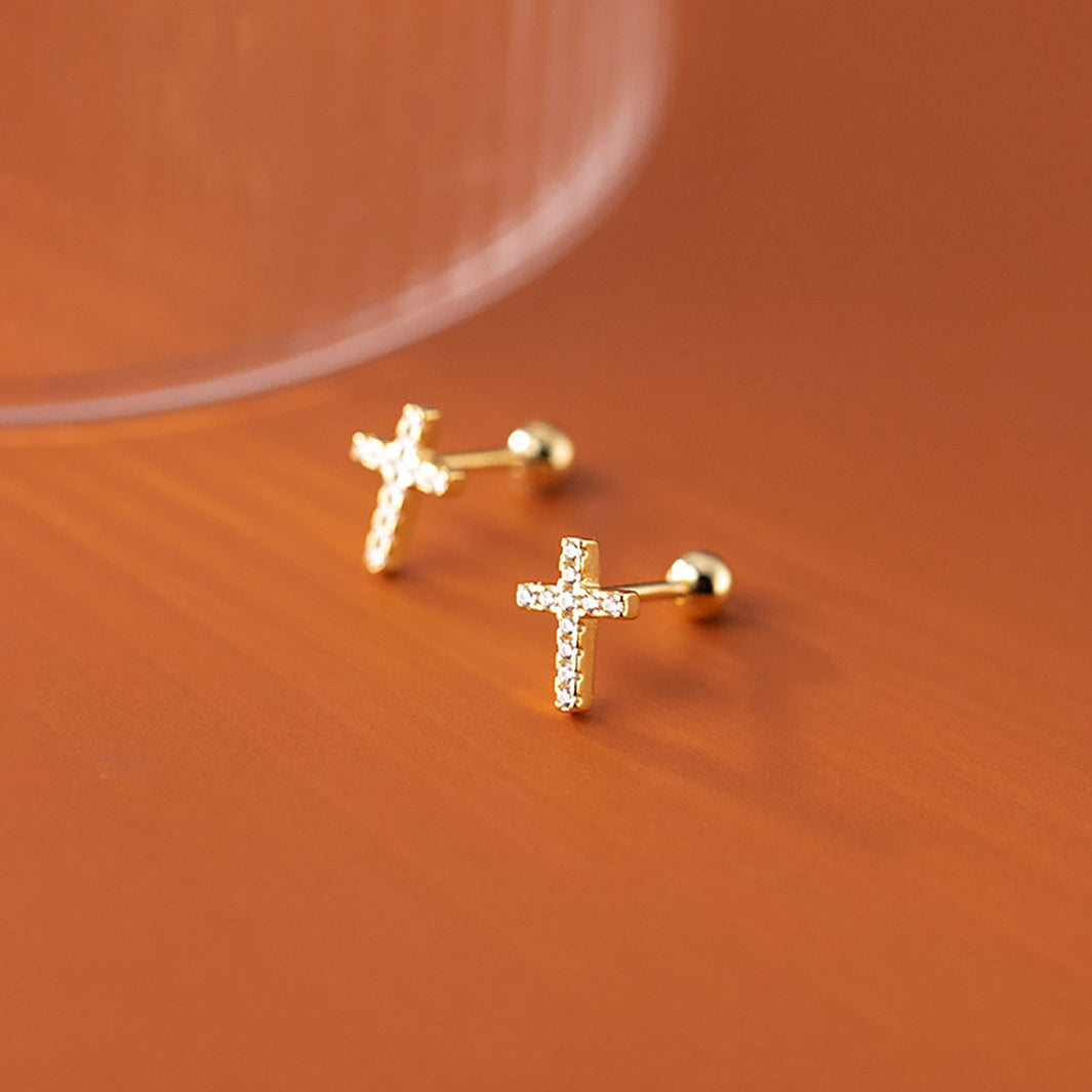 Diamante Cross Charm Barbell Earrings