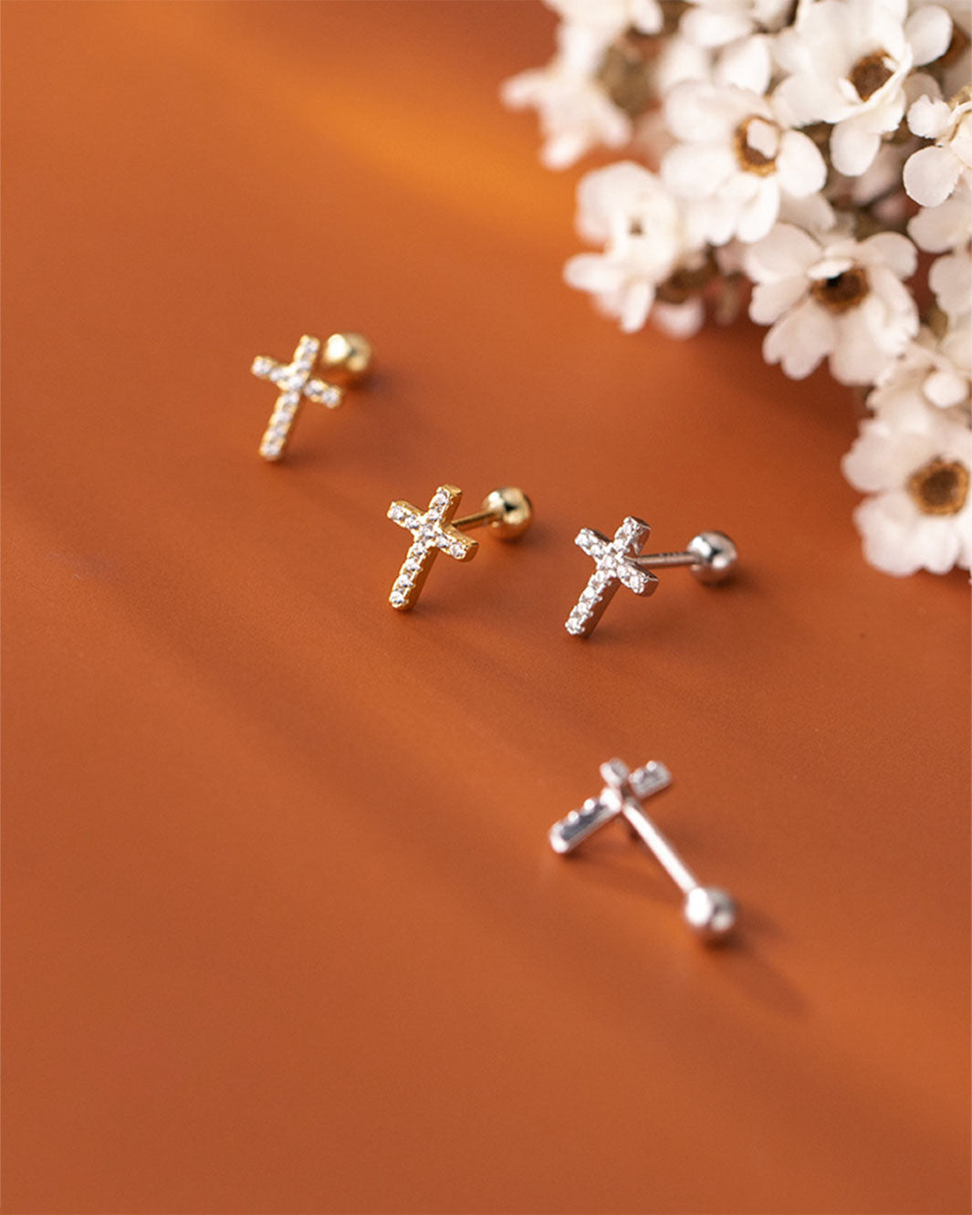 Diamante Cross Charm Barbell Earrings