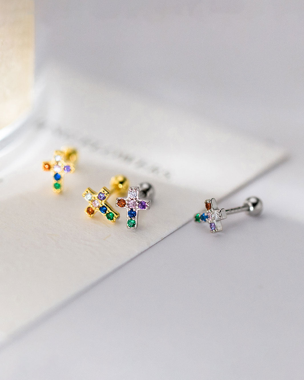 Hope Rainbow Cross Barbell Earrings