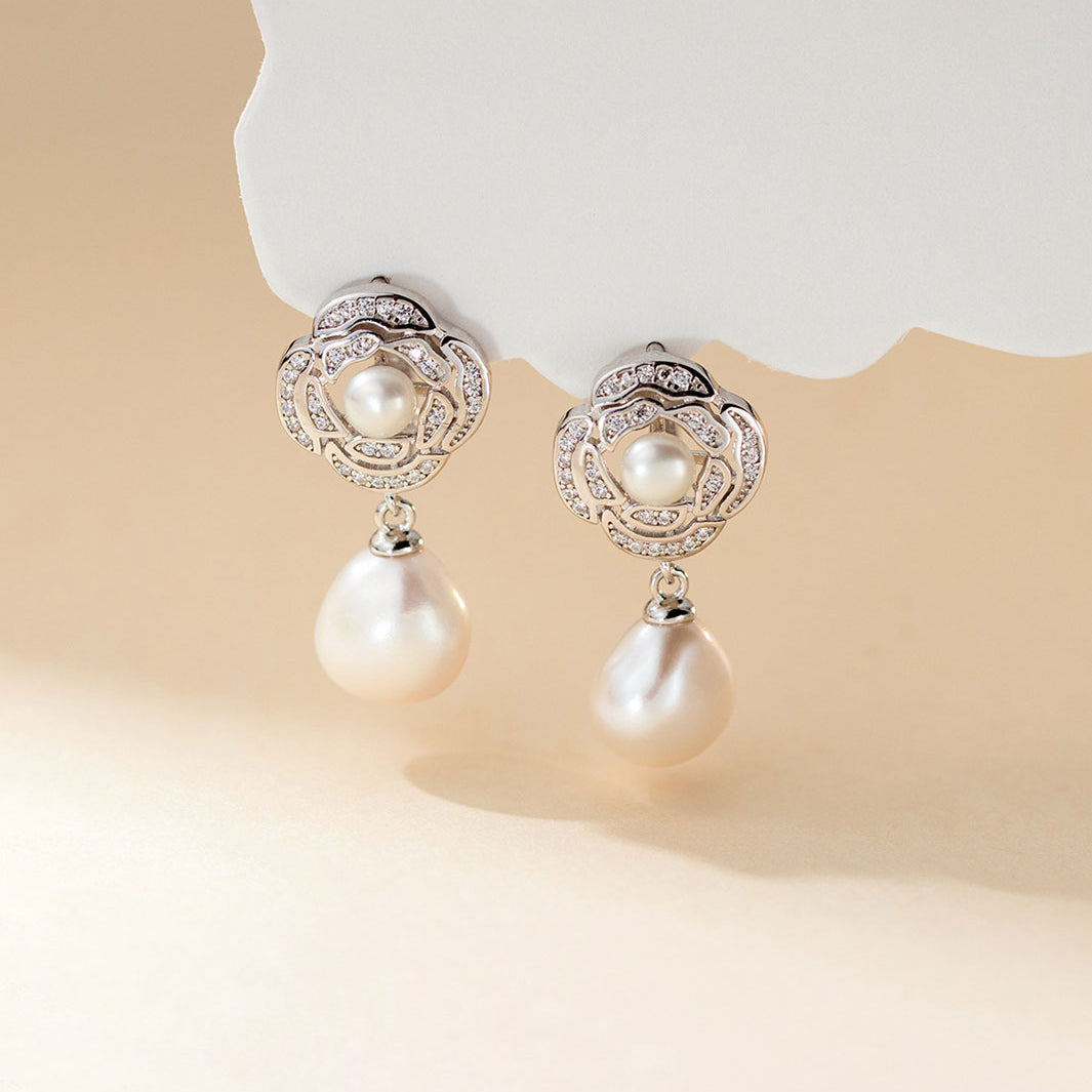 Rosette Freshwater Pearl Dangle Earrings