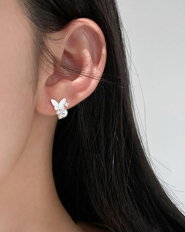 Moonlit Butterfly Pearl Stud Earrings