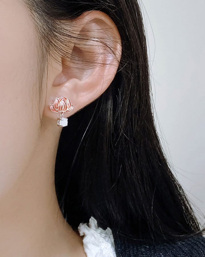 Coral-Glow Lotus Charm Drop Earrings