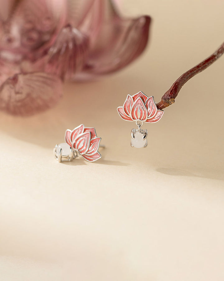 Coral-Glow Lotus Charm Drop Earrings