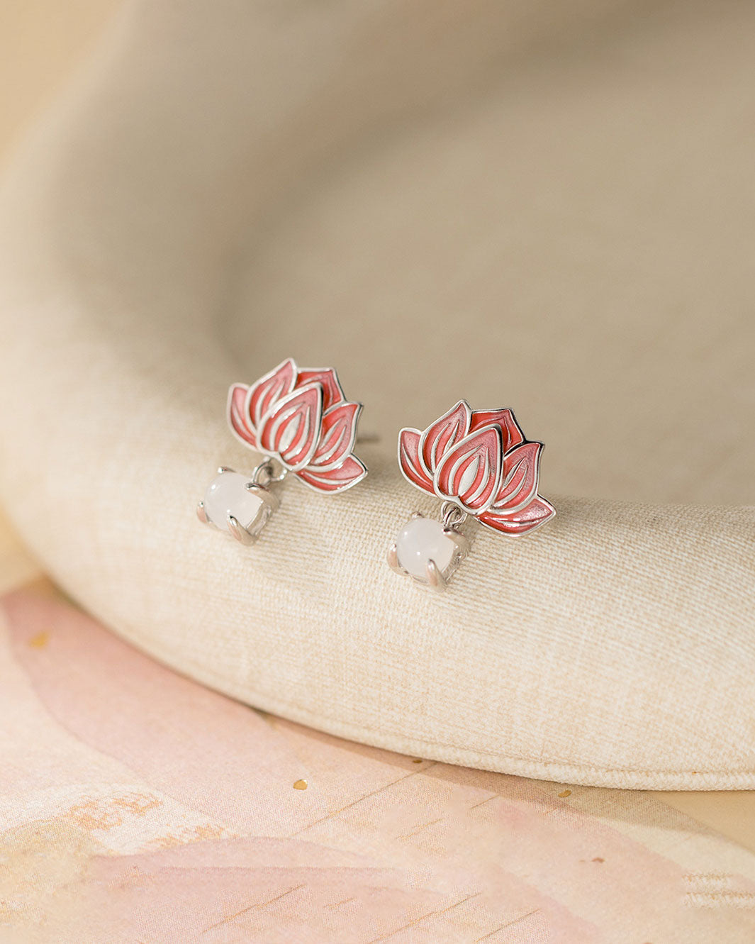 Coral-Glow Lotus Charm Drop Earrings