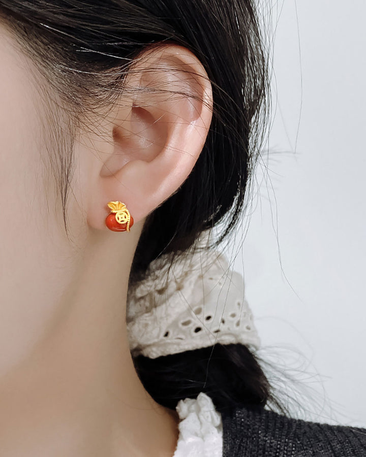Golden Red Agate Pouch Stud Earrings