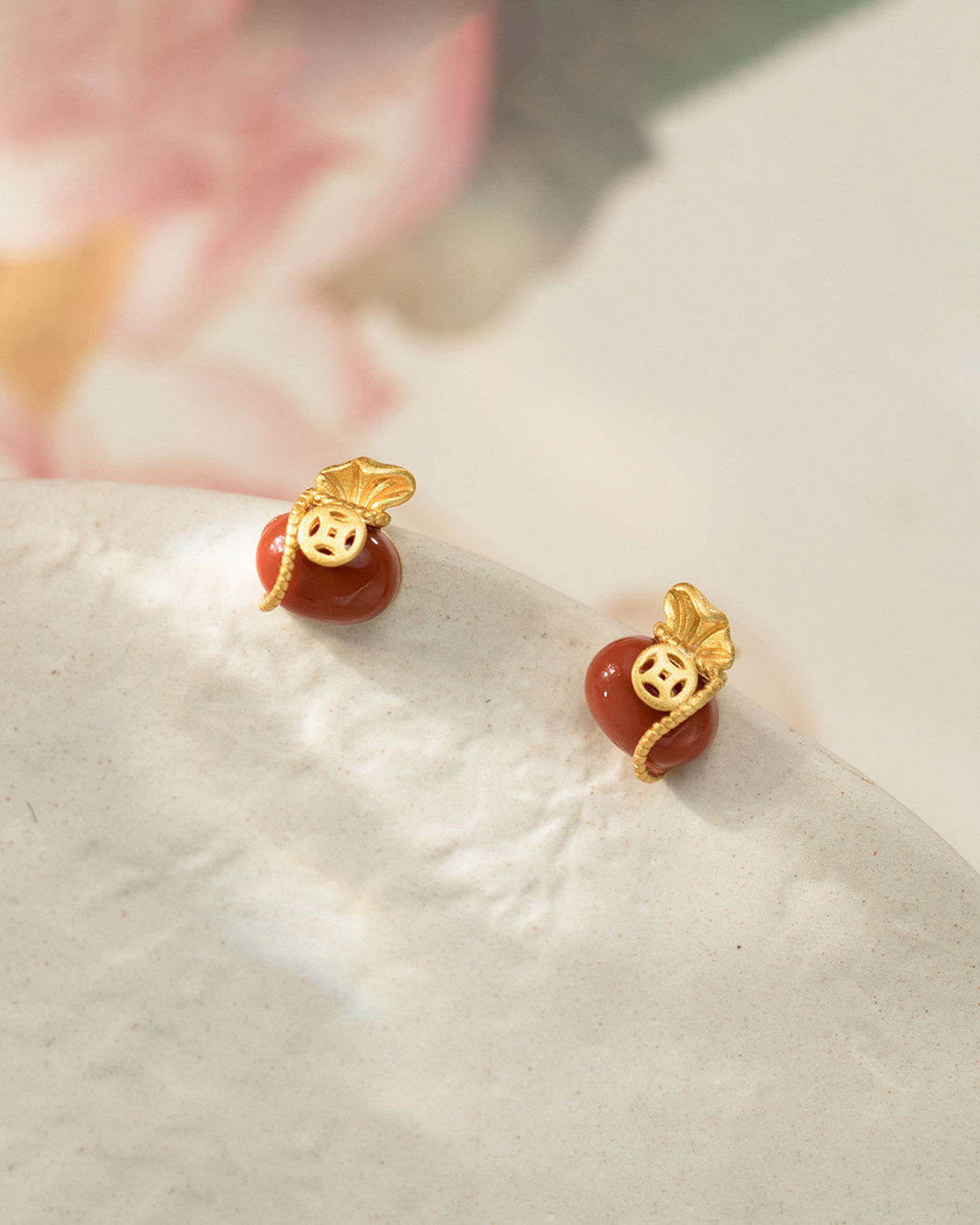 Golden Red Agate Pouch Stud Earrings