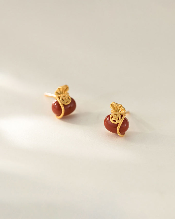 Golden Red Agate Pouch Stud Earrings
