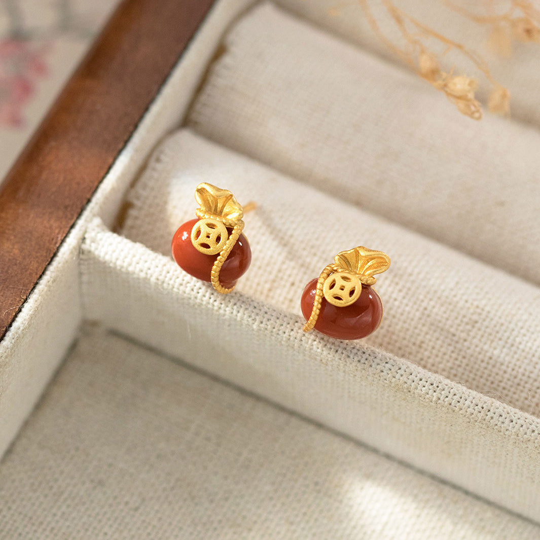Golden Red Agate Pouch Stud Earrings