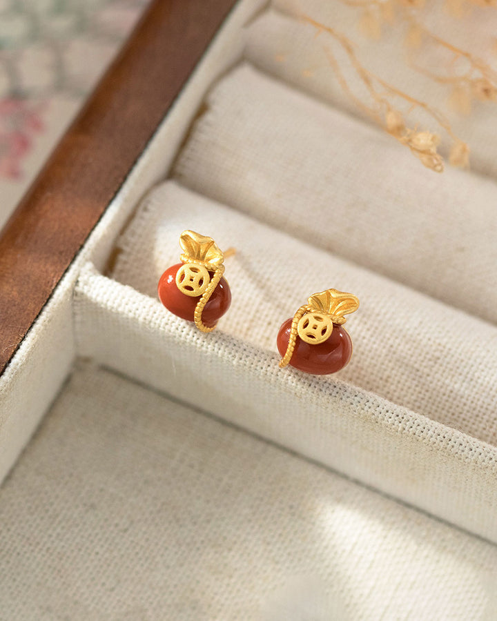 Golden Red Agate Pouch Stud Earrings