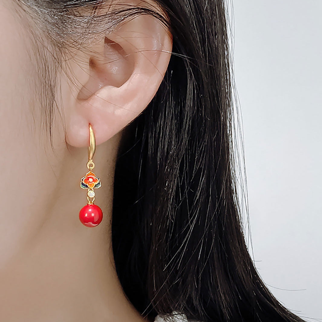 Rouge Enamel Flower Dangle Earrings