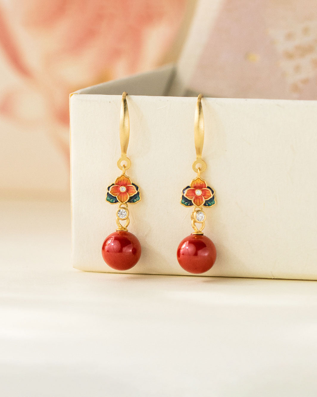 Rouge Enamel Flower Dangle Earrings