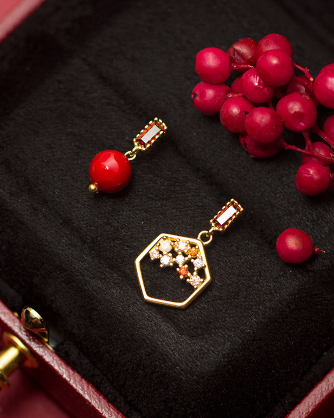 Red Pearl Mismatch Drop Earrings