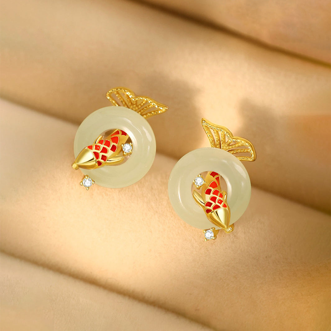 Golden Koi with Jade Stud Earrings