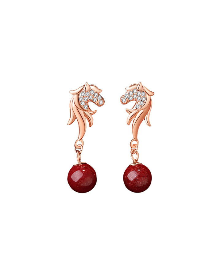 Auspicious Horse Red Orb Drop Earrings