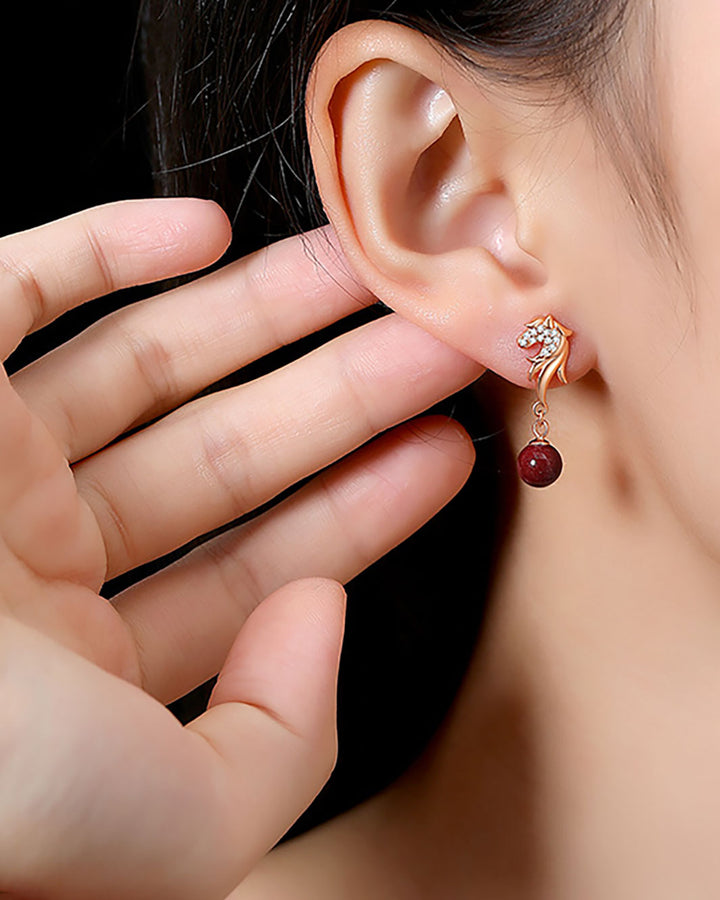Auspicious Horse Red Orb Drop Earrings