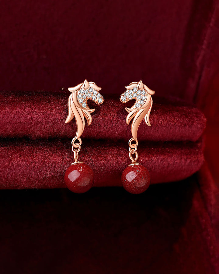 Auspicious Horse Red Orb Drop Earrings