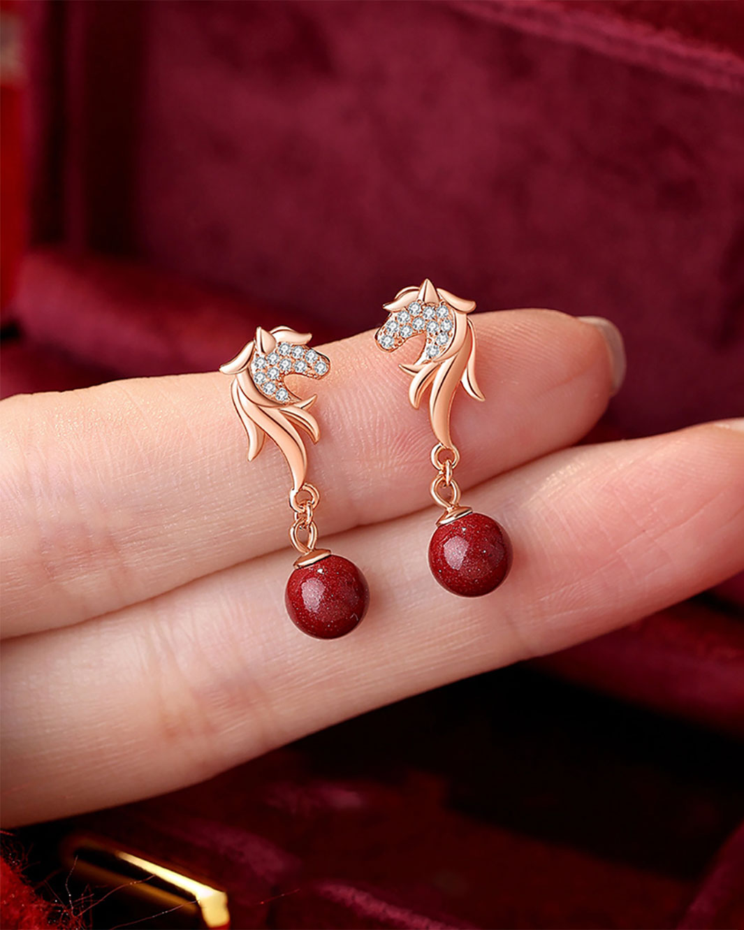 Auspicious Horse Red Orb Drop Earrings