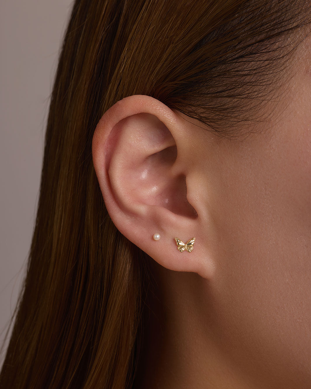 14K Solid Gold Butterfly Charm Flatback Earring