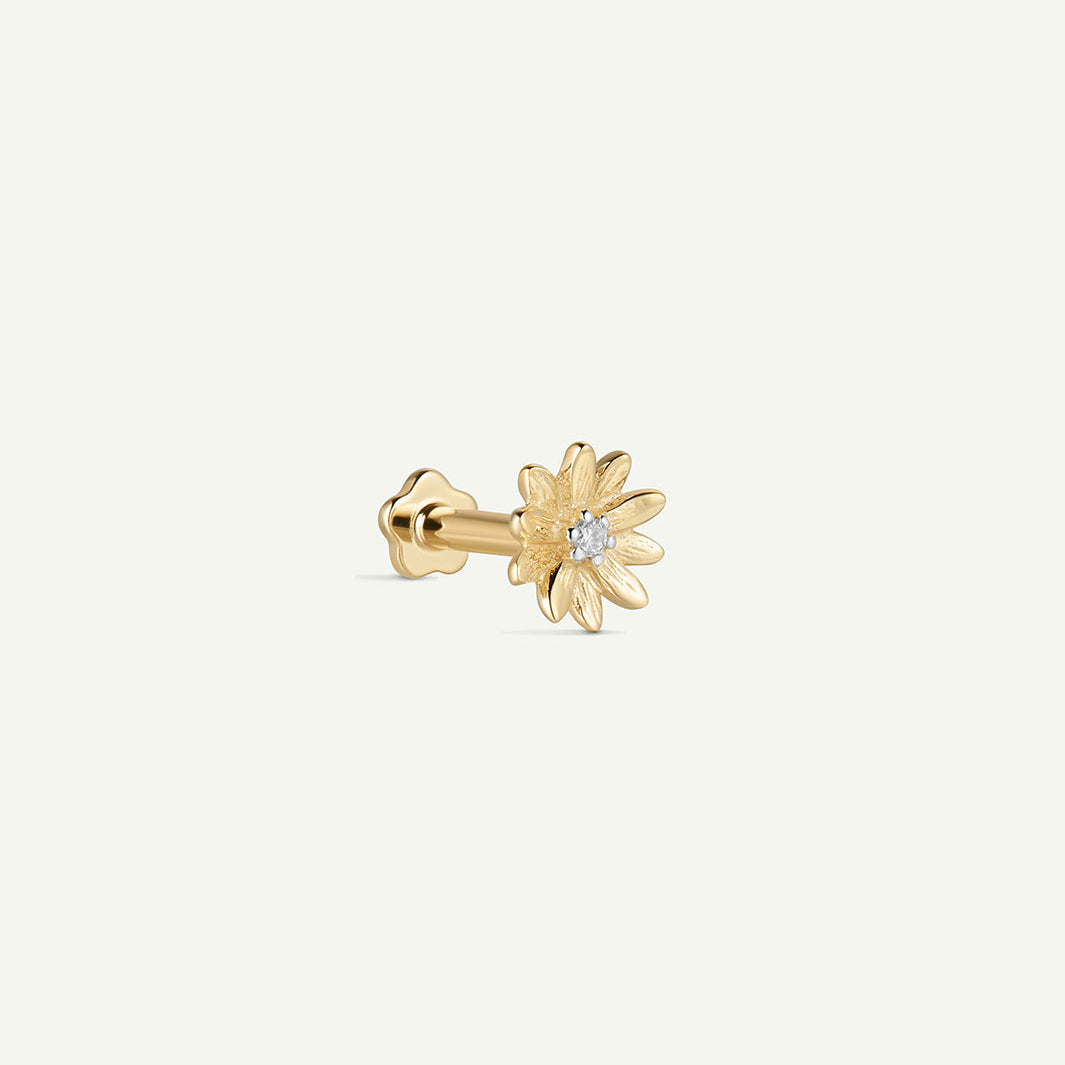 14K Solid Gold Daisy Diamond Flatback Earring