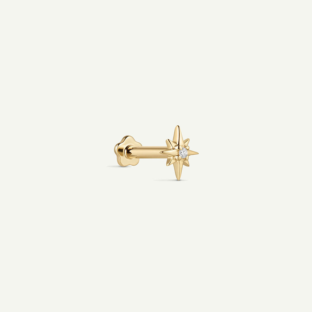 14K Solid Gold Celestial Diamond Flatback Earring