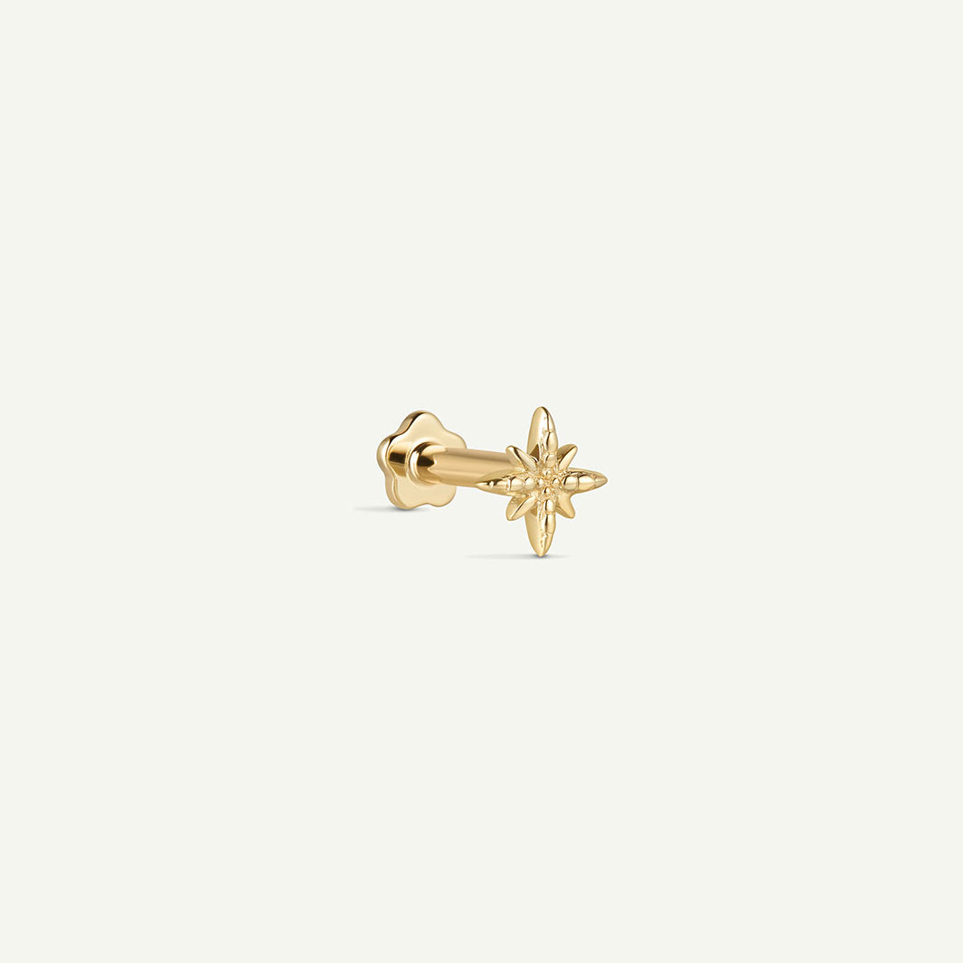 14K Solid Gold Dainty Starburst Flatback Earring