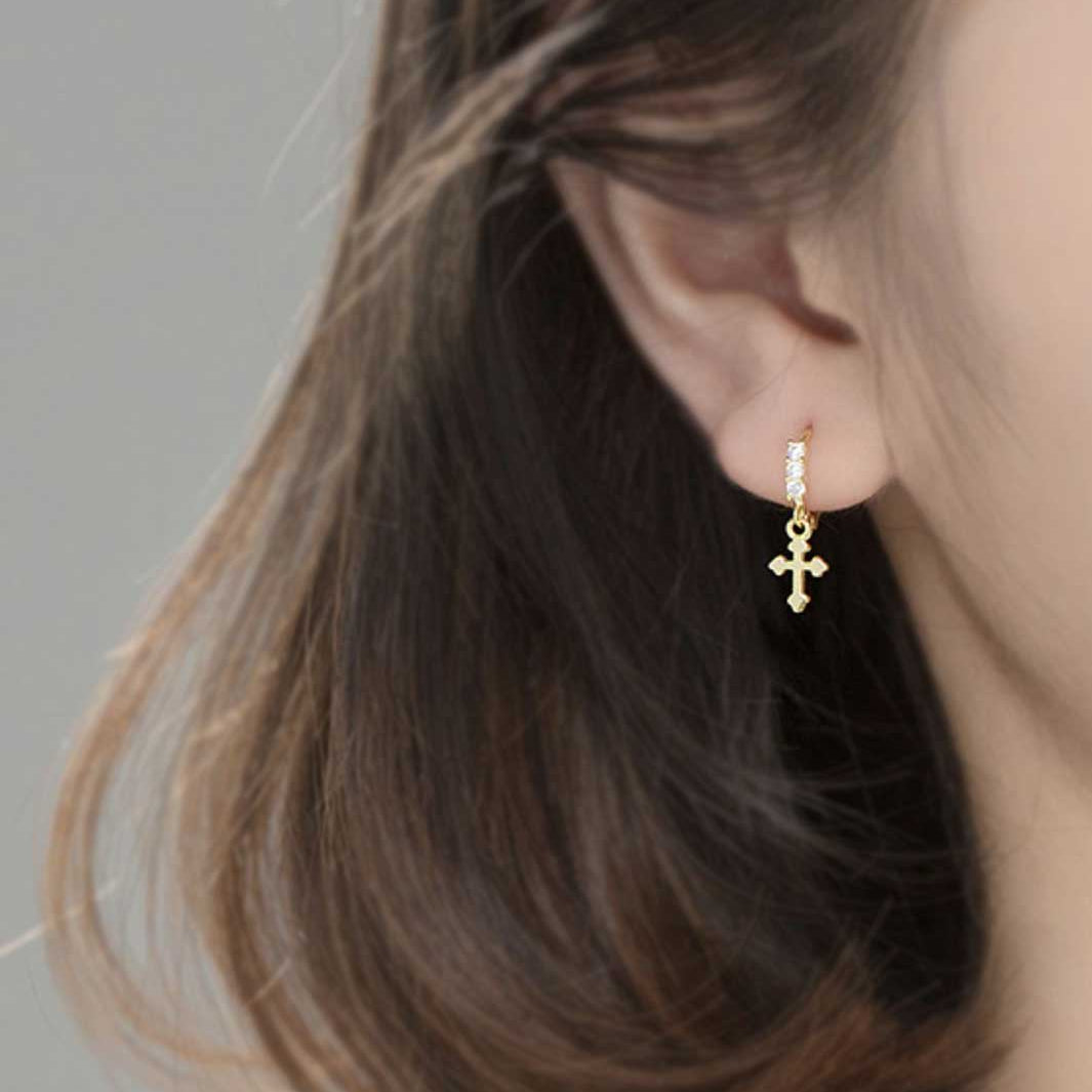 Cross Charm Diamond Huggie Earrings