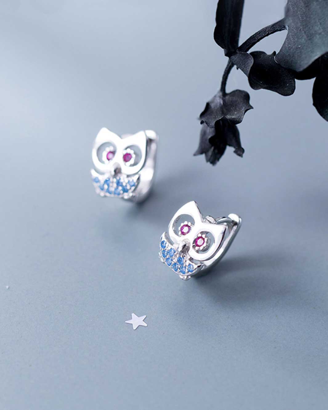 Color Gemstone Owl Huggie Earrings