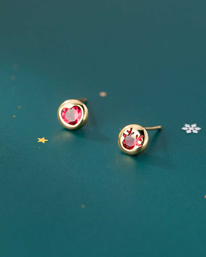 Reindeer and Ruby Heart Stud Earrings