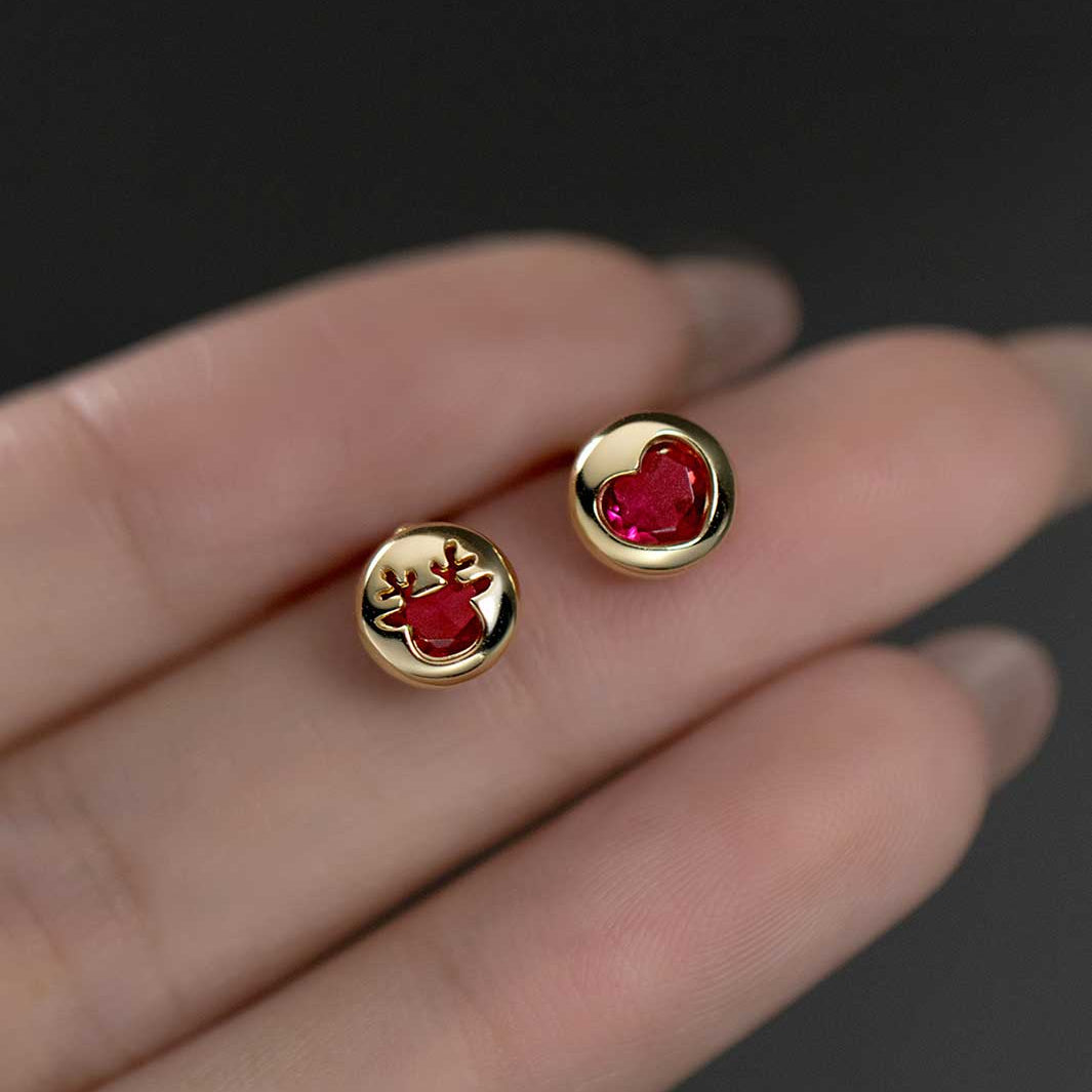 Reindeer and Ruby Heart Stud Earrings