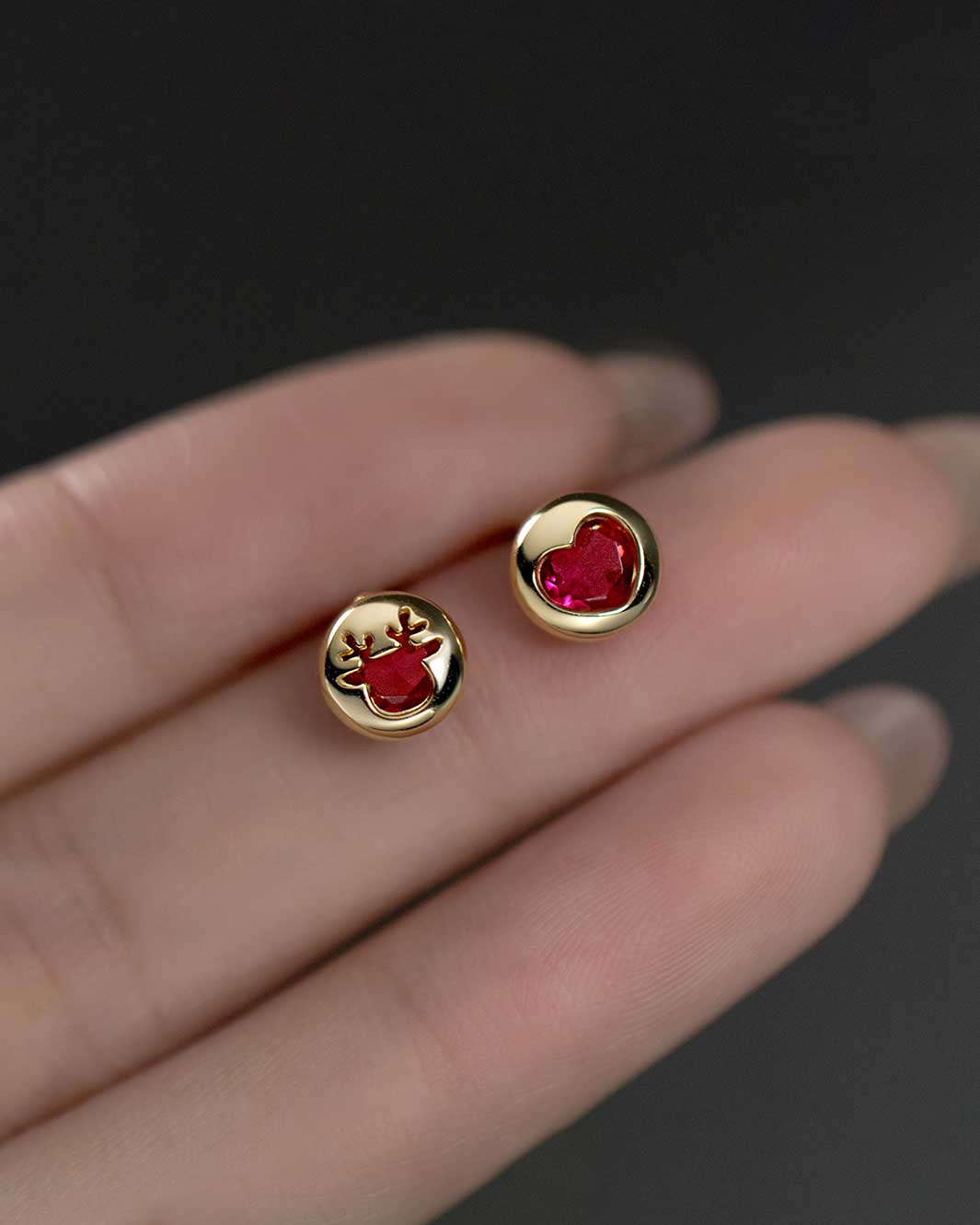 Reindeer and Ruby Heart Stud Earrings