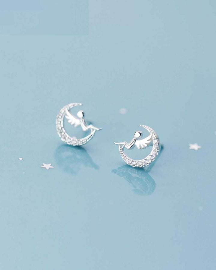 Angel On Moon Stud Earrings