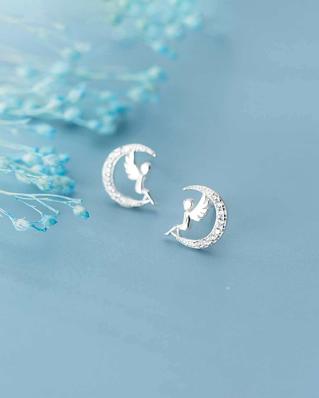 Angel On Moon Stud Earrings