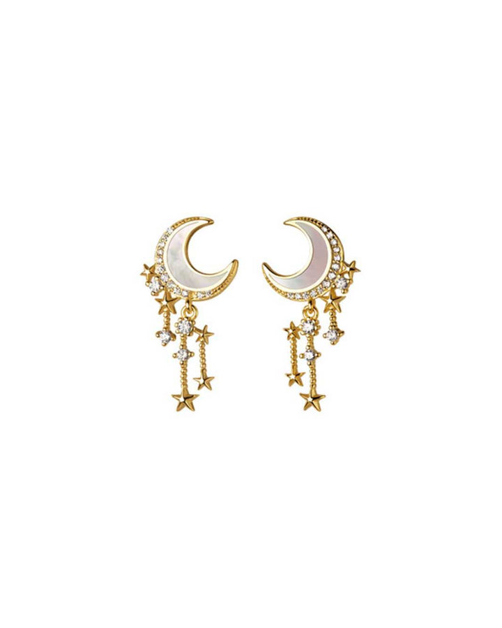 Mother of Pearl Crescent Moon Tassel Drop Earrings