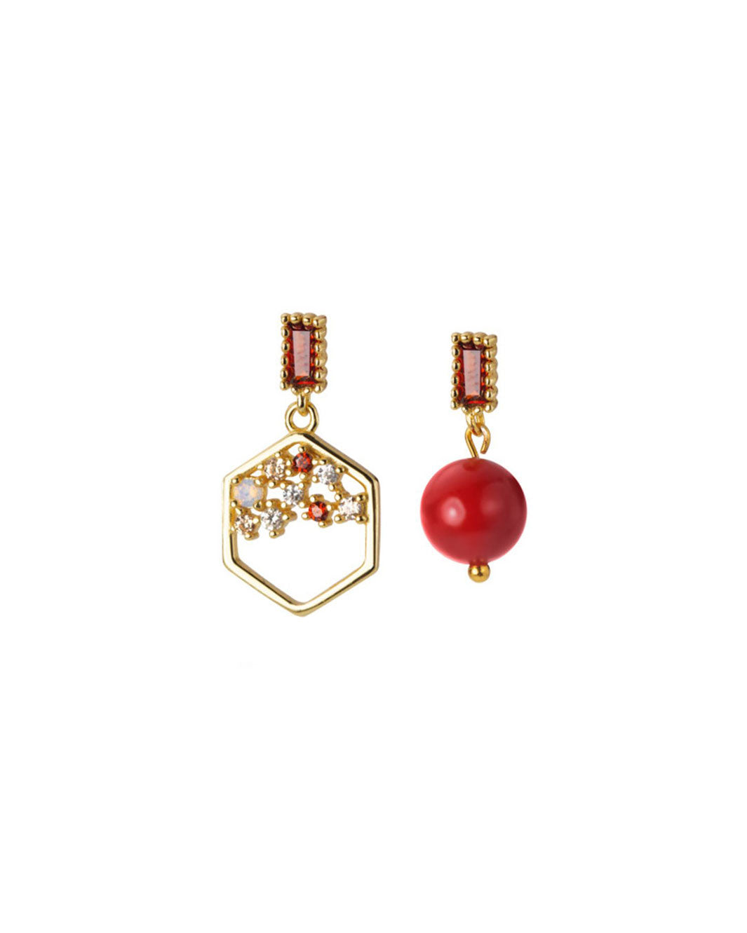 Red Pearl Mismatch Drop Earrings