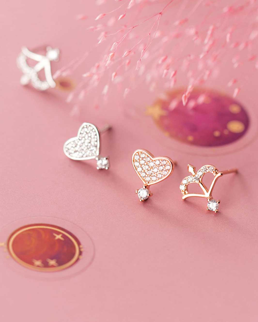 Diamante Heart and Bow & Arrow Stud Earrings