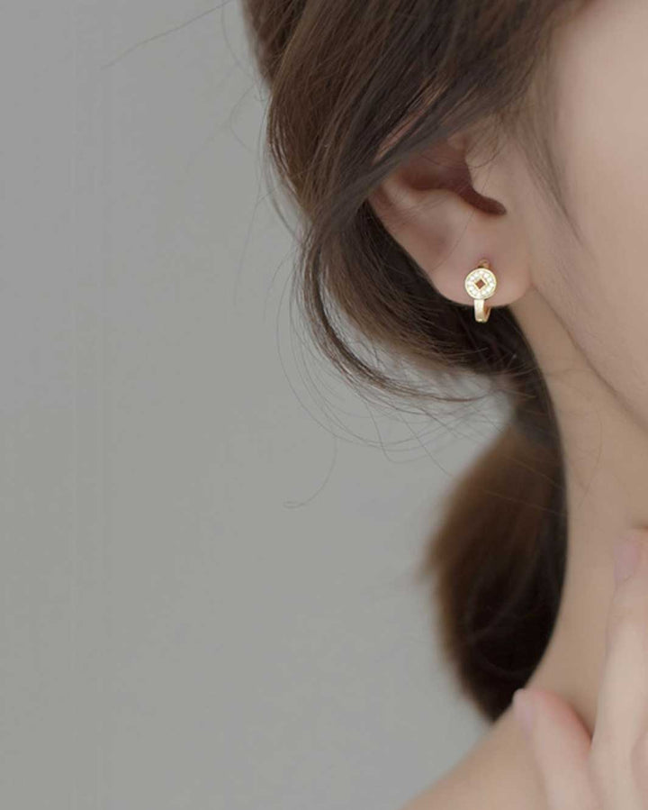 Diamante Copper Coin Charm Huggie Earrings